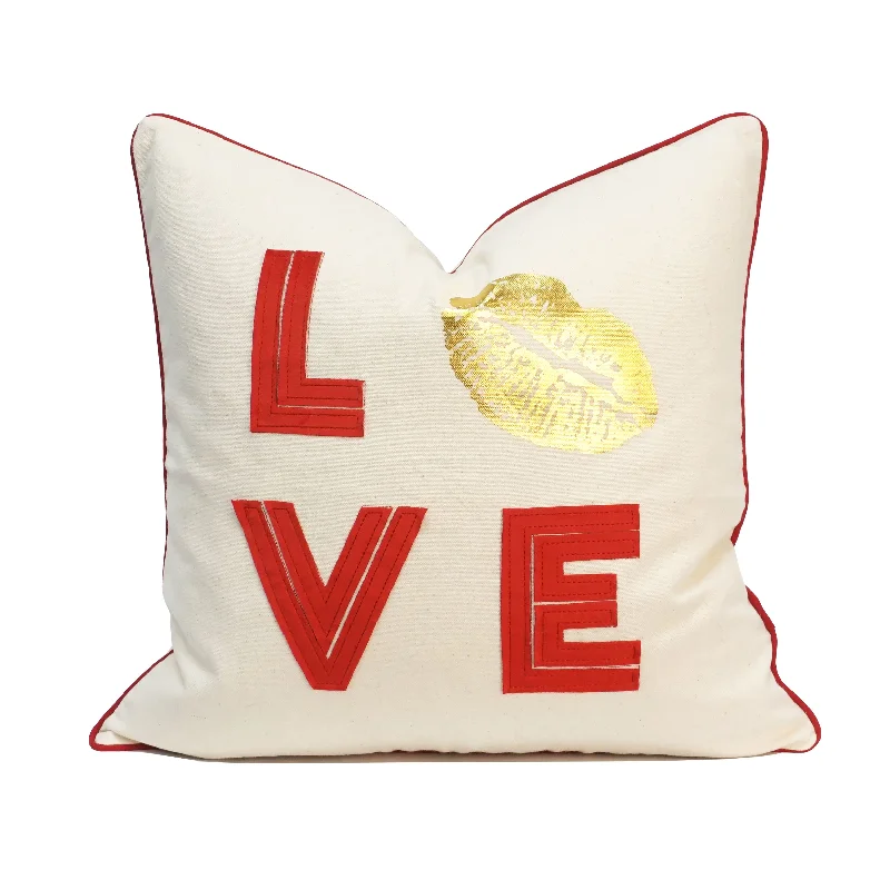 Love/Lips Applique Throw Pillow Cover | Natural | 20" x 20"