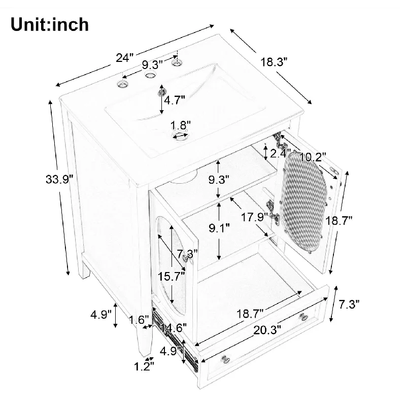 24 inch Solid Wood and MDF Freestanding Bathroom Vanity Set in White with Integrated Ceramic Sink