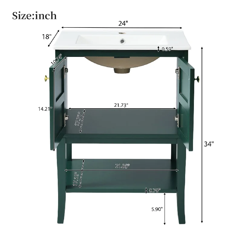 24" MDF Freestanding Bathroom Vanity Set in Green with Integrated Resin Sink