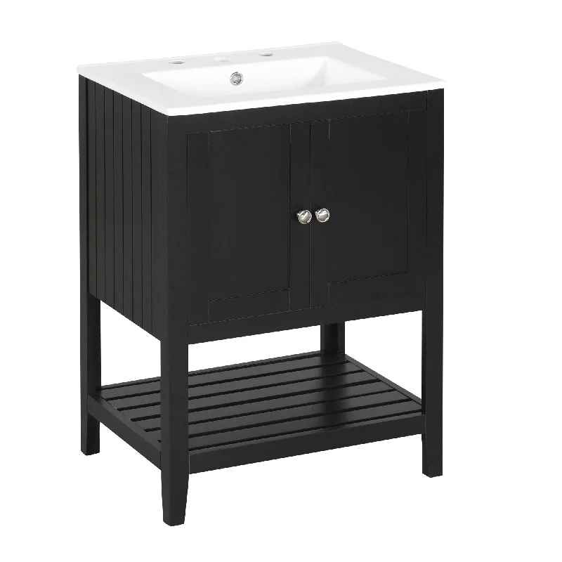 24" Modern Sleek Bathroom Vanity Elegant Ceramic Sink with Solid Wood Frame Open Style Shelf in Black