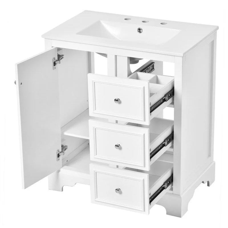 30'' Bathroom Vanity with Ceramic Basin, Bathroom Storage Cabinet with 3 Drawers, Soft Close Door and Adjustable Shelves