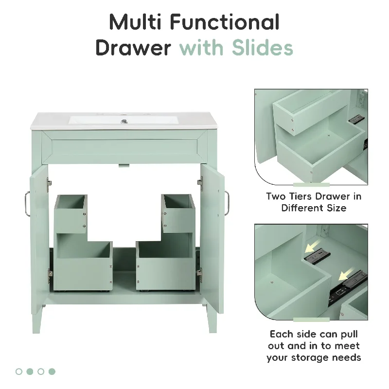 30" Bathroom Vanity with Sink, Multi-functional Bathroom Cabinet with Doors and Drawers in Green