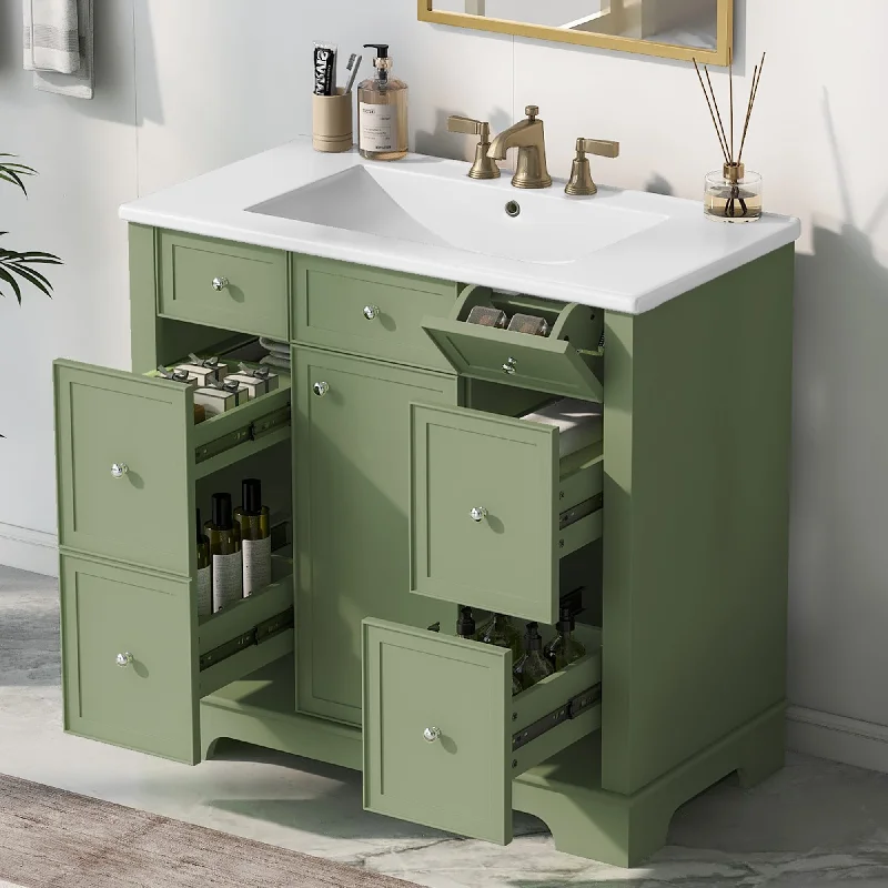 36" Bathroom Vanity with Ceramic Sink, Bathroom Storage Cabinet with 3 drawers and One Flip Drawer in Green