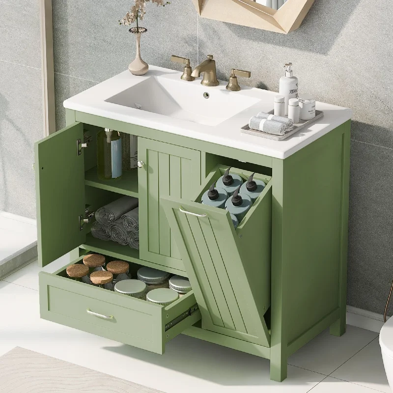 36" Bathroom Vanity with Ceramic Sink Bathroom Storage Cabinet with Two doors and One Big Drawer and One Flip Drawer in Green