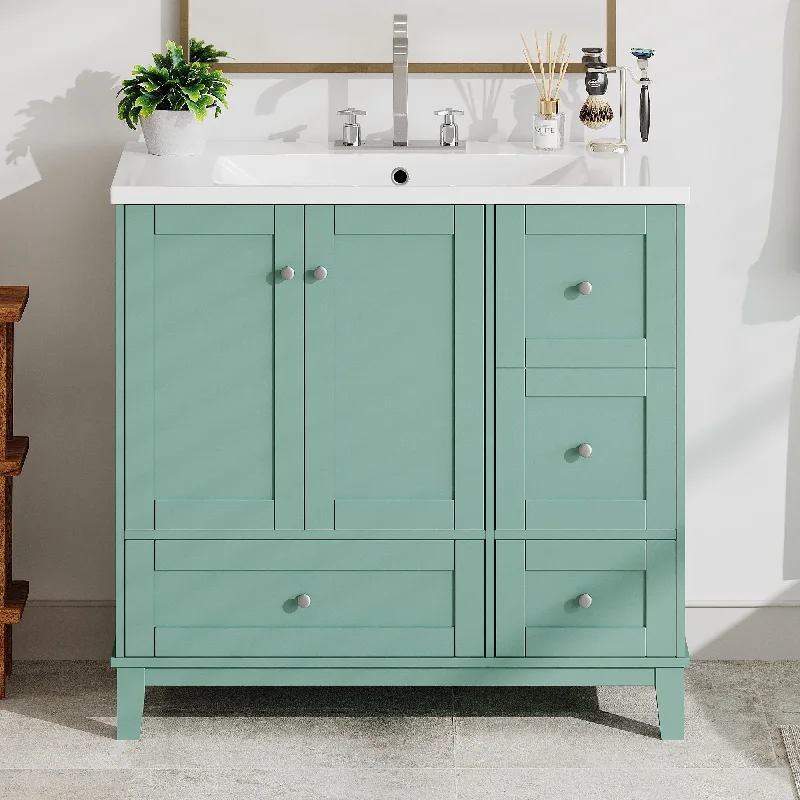 36" Bathroom Vanity with Ceramic Sink Bathroom Storage Cabinet with USB Charging, Two Doors and Three Drawers