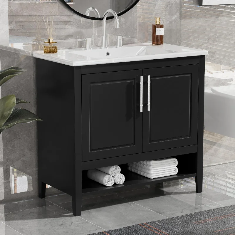 36" Bathroom Vanity with Ceramic Sink, Multi-functional Bathroom Cabinet with 2 Doors, 2 Drawers and Open Storage Shelf