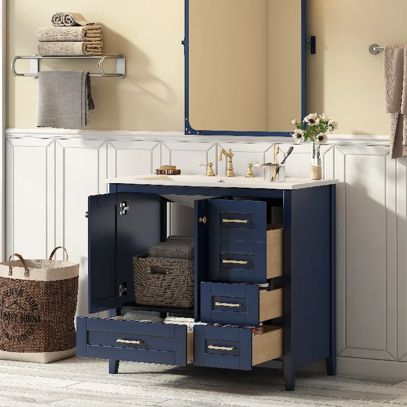 36" Bathroom Vanity with Single Sink Combo Set, Freestanding Bathroom Cabinet with 4 Drawers in Blue