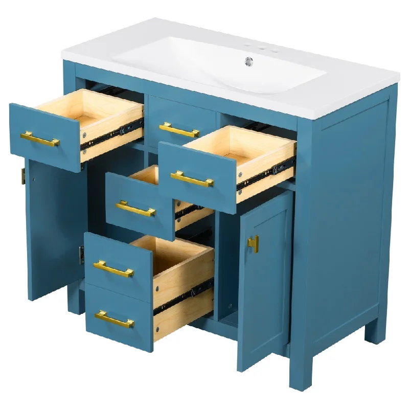 36" Bathroon Vanity with Single Resin Sink Combo Set, Freestanding Bathroom Storage Cabinet with 4 Drawers & 2 Cabinets in Blue