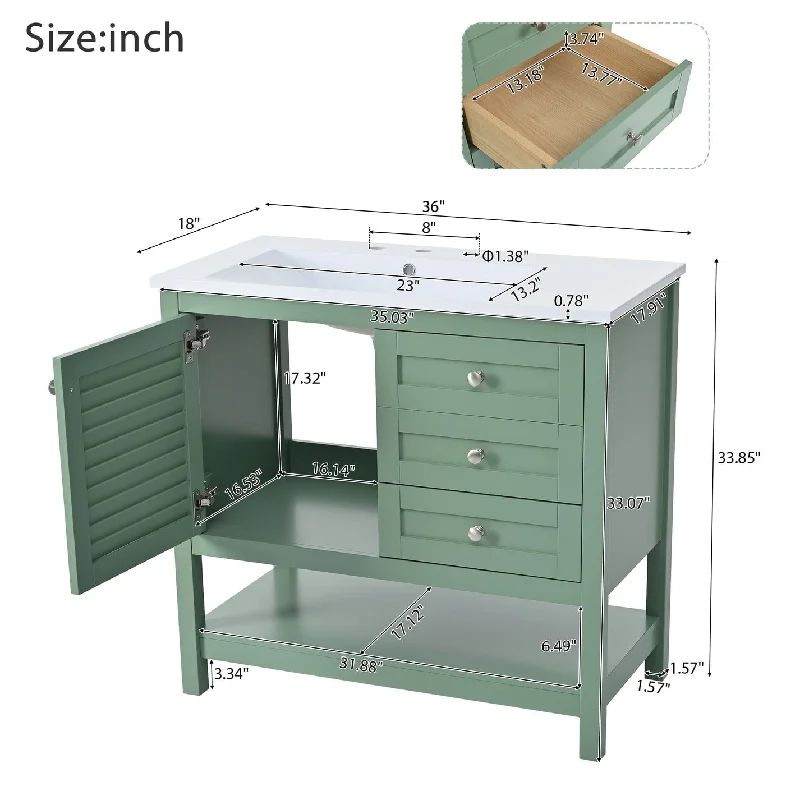 36 inches MDF Freestanding Bathroom Vanity Set in Green with Integrated Resin Sink