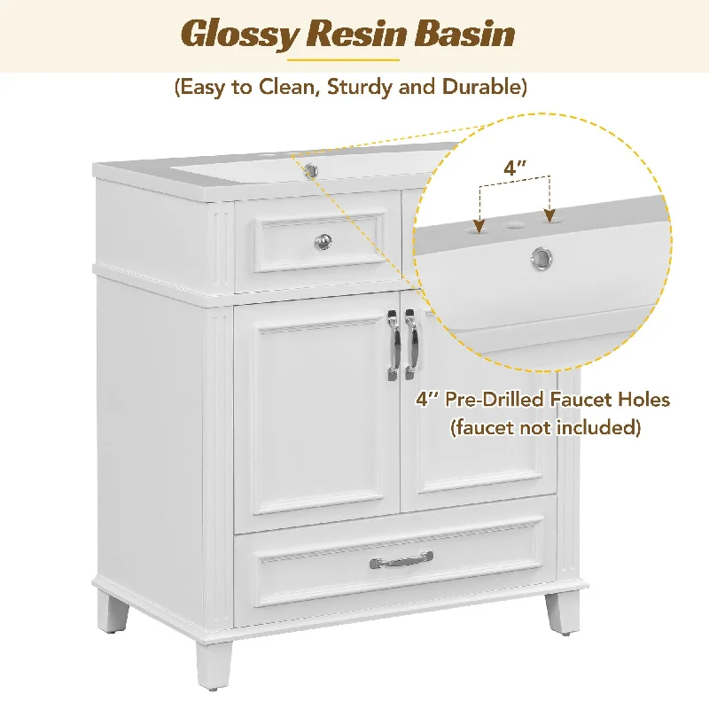 Bathroom Vanity White Wash Basin with Resin Undercounter Basin, Solid Wood Frame Bathroom Storage Cabinet w/ Soft Closing Doors