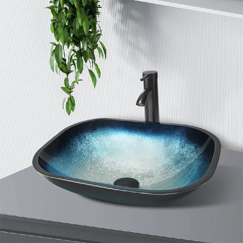 Bathroom Vessel Sink Painted Glass Counter Top Round Rectangle Blue - 18" x 5"