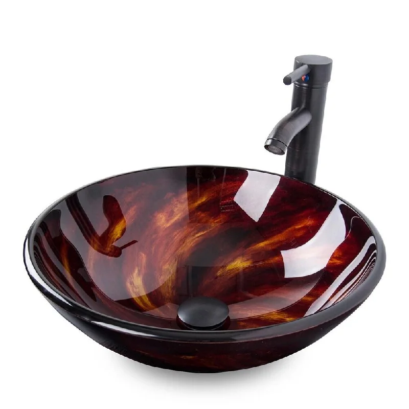 Bathroom Vessel Sink Painted Glass Counter Top Round Red & Brown - 16" x 5"