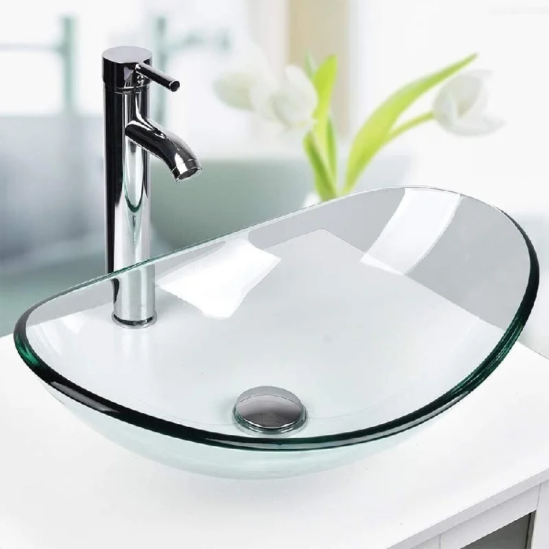 Bathroom Vessel Sink Tempered Glass Countertop Basin Bowl Oval - 21" x 6"