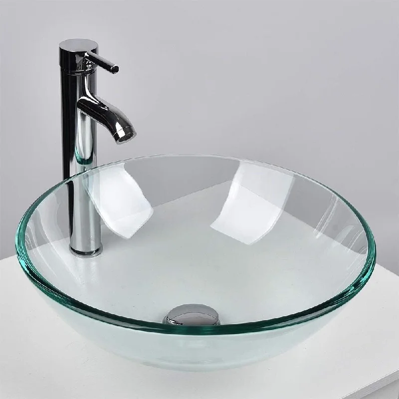 Bathroom Vessel Sink Tempered Glass Countertop Basin Bowl Round A - 16" x 5"