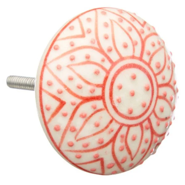 Red Embossed Flower Ceramic Drawer/ Door/ Cabinet Knob (Pack of 6)