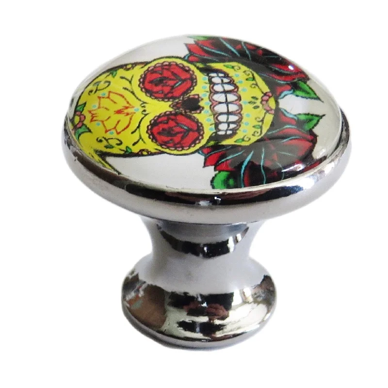 Skull in Flowers Glass Drawer/ Door/ Cabinet Pull Knob (Pack of 6)