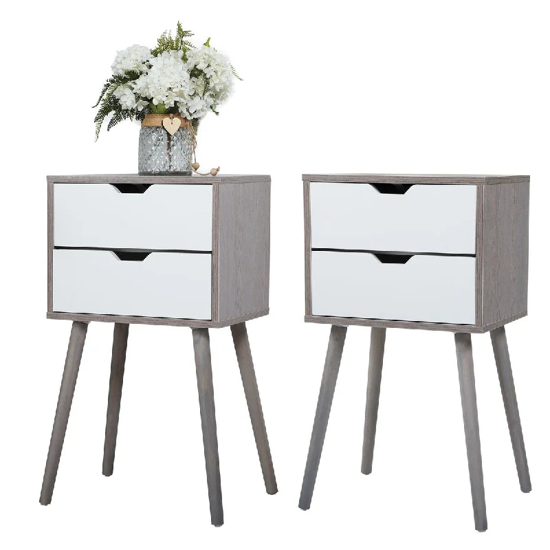 Bedroom Nightstand, Wooden Bedside Table with 2 Drawer, Freestanding Entryway Storage Unit Console Table Set of 2 - Gray