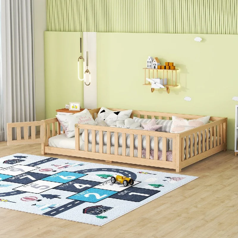 Beige Full Size Floor Bed for Kids with Guardrails and Door - Low Profile Design