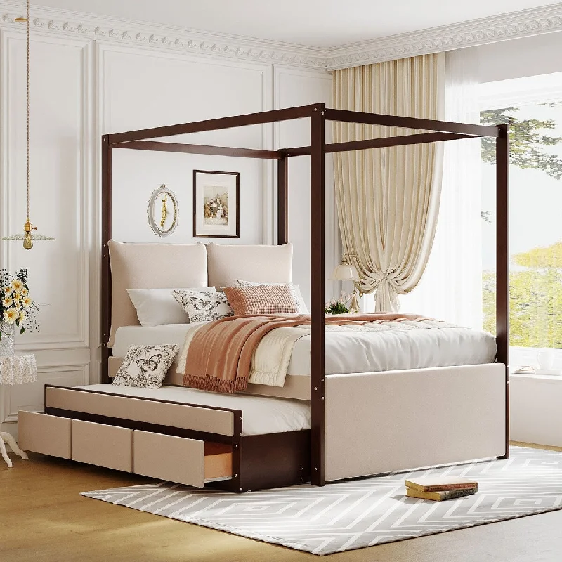 Beige Full Size Upholstered Canopy Bed with Trundle and Three Spacious Drawers