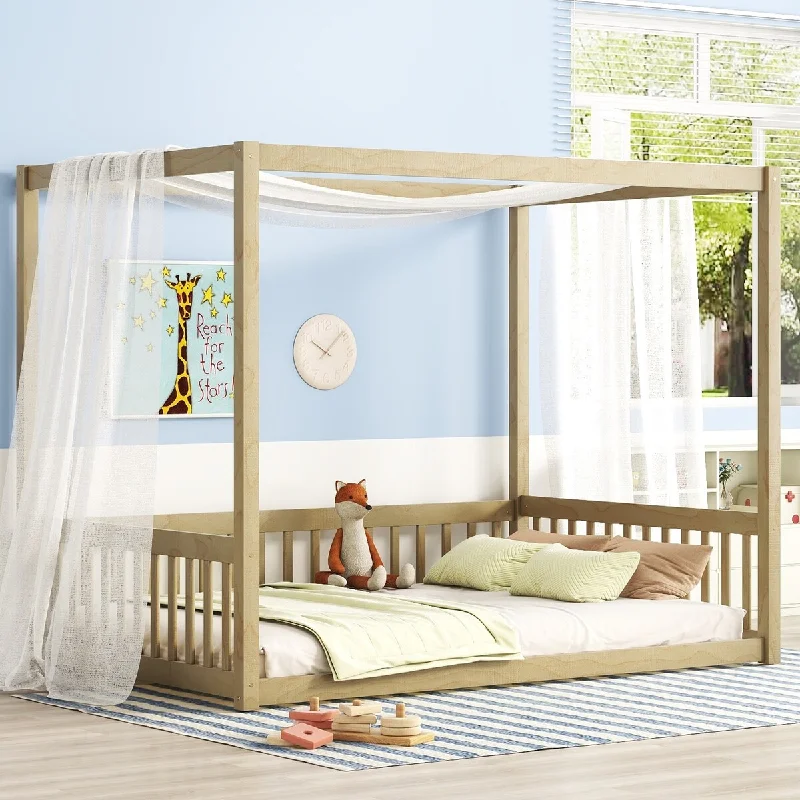 Beige Full Size Wood Canopy Bed with Safety Rails