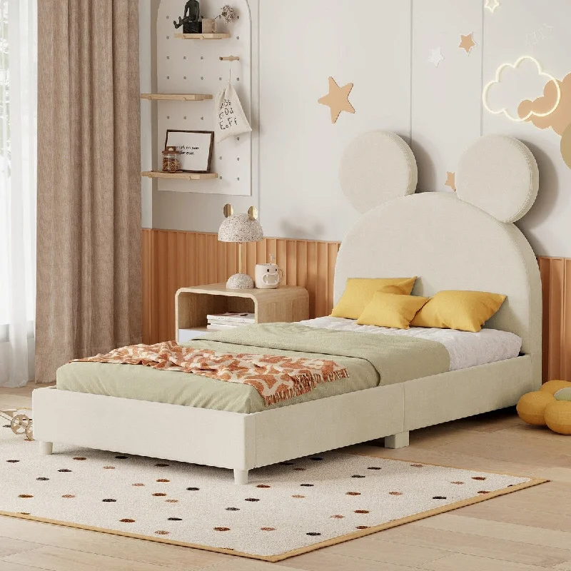 Beige Twin Size Platform Bed with Bear Ear Design, Adds a Playful Touch to Kids' Bedroom Decor