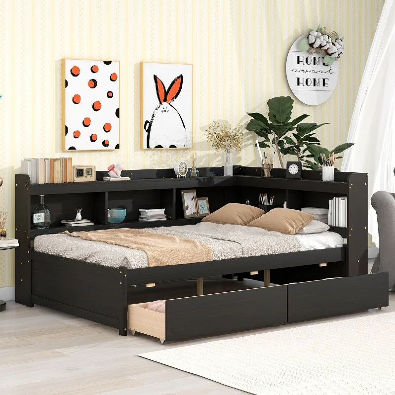 Black Full Size Bed with L-Shaped Bookcase and Storage Drawers, Space-Saving Design