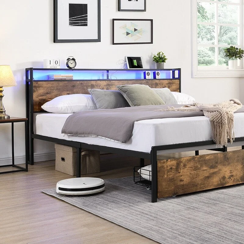 Black Metal and Wood King Size LED Platform Bed with Storage