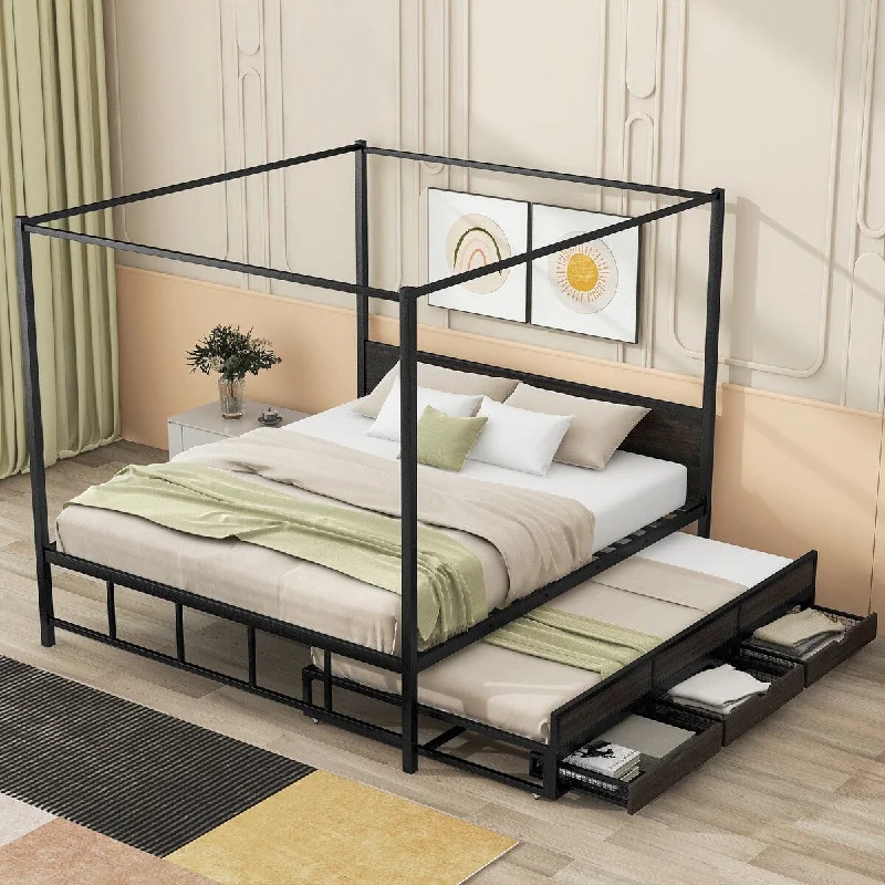 Black Queen SizeModern Metal Canopy Bed with Trundle and Storage Drawers - Canopy Platform Bed for Stylish Bedroom Decor