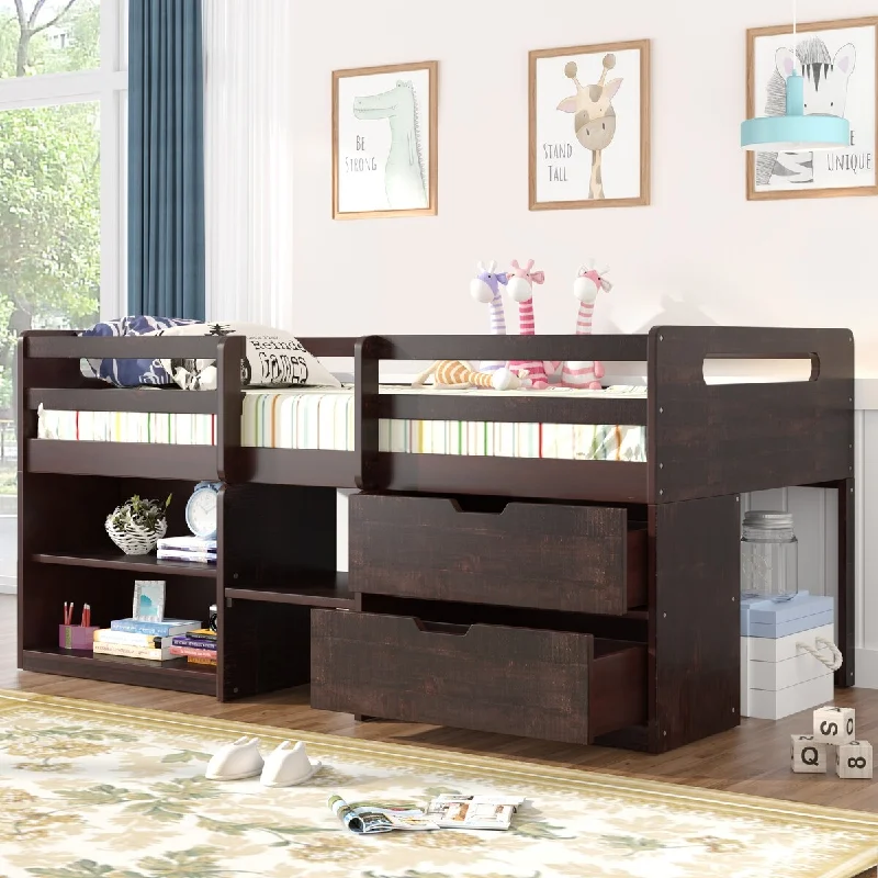 Black Twin Size Wood Loft Bed with Handy Shelves and Integrated Drawers for Organized Living