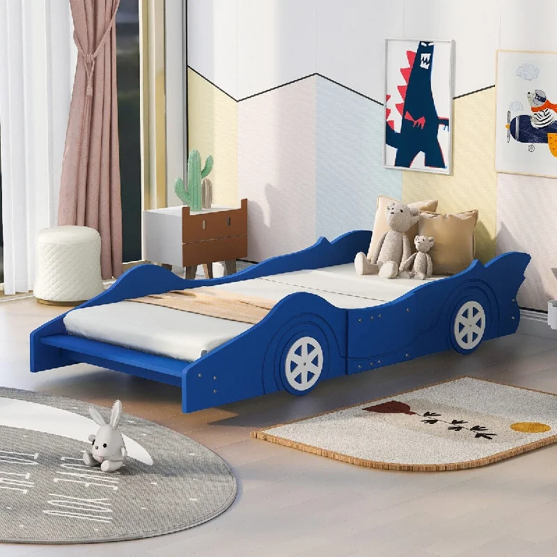 Blue Twin Size Race Car-Shaped Platform Bed with Wheels - Eye-Catching Design, Sturdy Construction, Blue/Red/