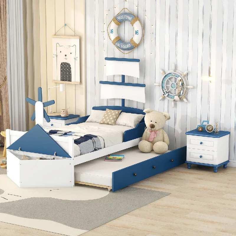 Blue Twin SizeThree-Piece Bedroom Set - Boat-Shaped Platform Bed with Trundle and Nightstands