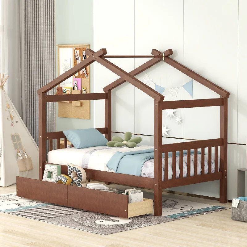 Brown Twin Size House Day Bed with Integrated Drawers for Added Storage and Organization