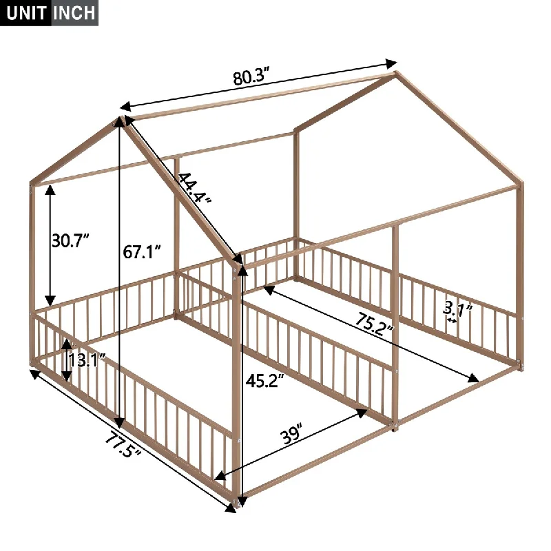 Brown Twin Size Metal House Bed with Shared Beds