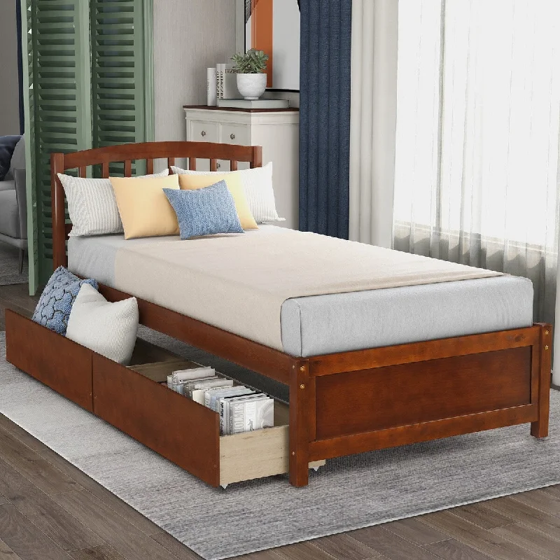 Brown Twin Size Platform Bed Frame with Two Drawers and Headboard