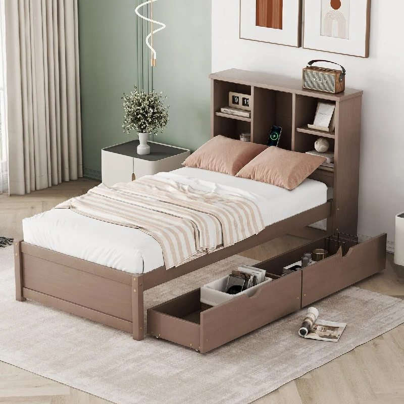 Brown Twin SizeModern Platform Bed with USB Port