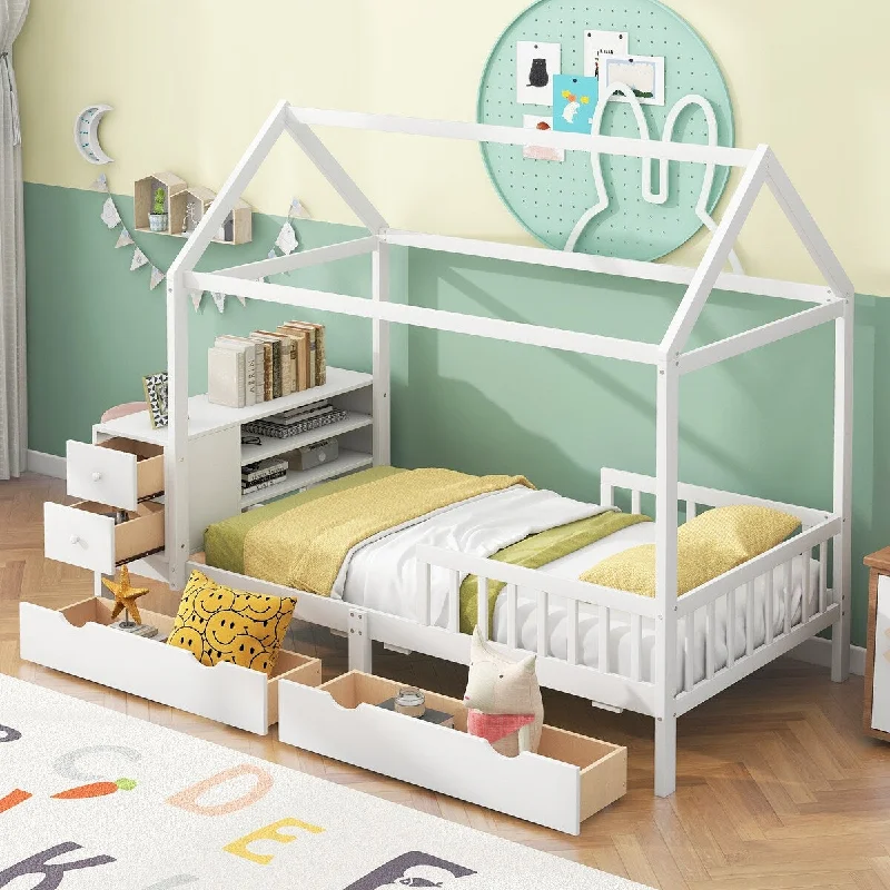 Charming Twin Size House Bed, Fence, Drawers, Shelves, Desk, White Finish