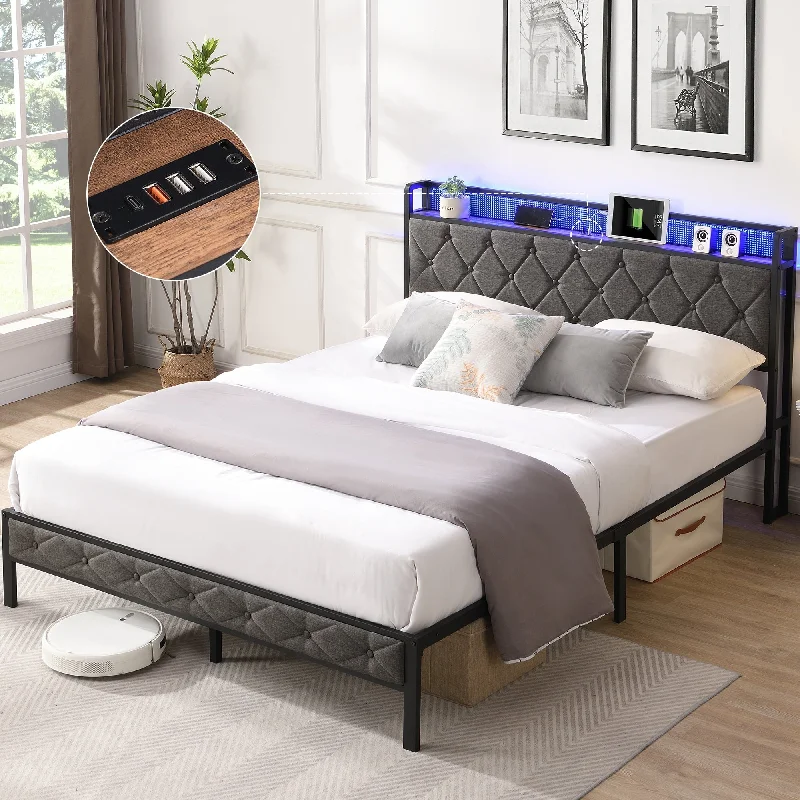 Dark Grey Queen Bed Frame with Storage Headboard