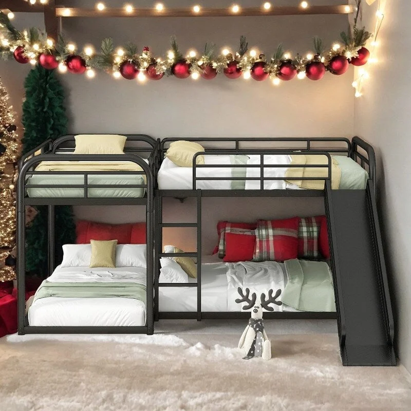 Full and Twin Size L-Shaped Bunk Bed with Slide & Short Ladder, Black