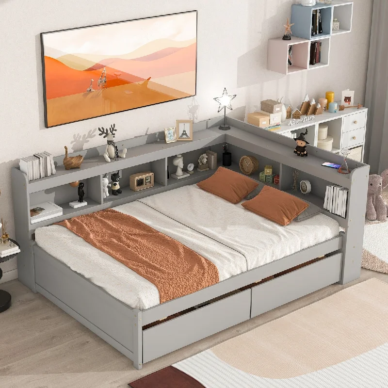 Full Bed with L-shaped Bookcases and Dual Storage Drawers - Space-Saving Design