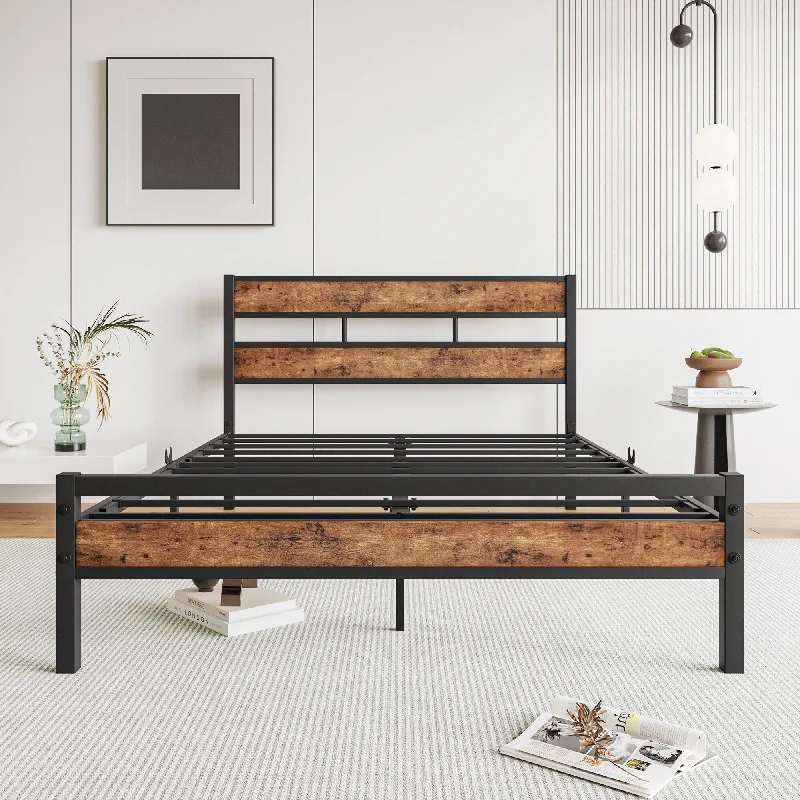 Full Size Black Metal and Rustic Wood Platform Bed