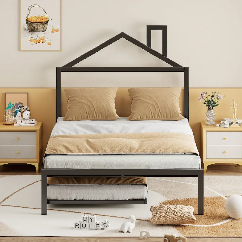 Full Size Platform Bed with Twin Trundle and House-Shaped Headboard