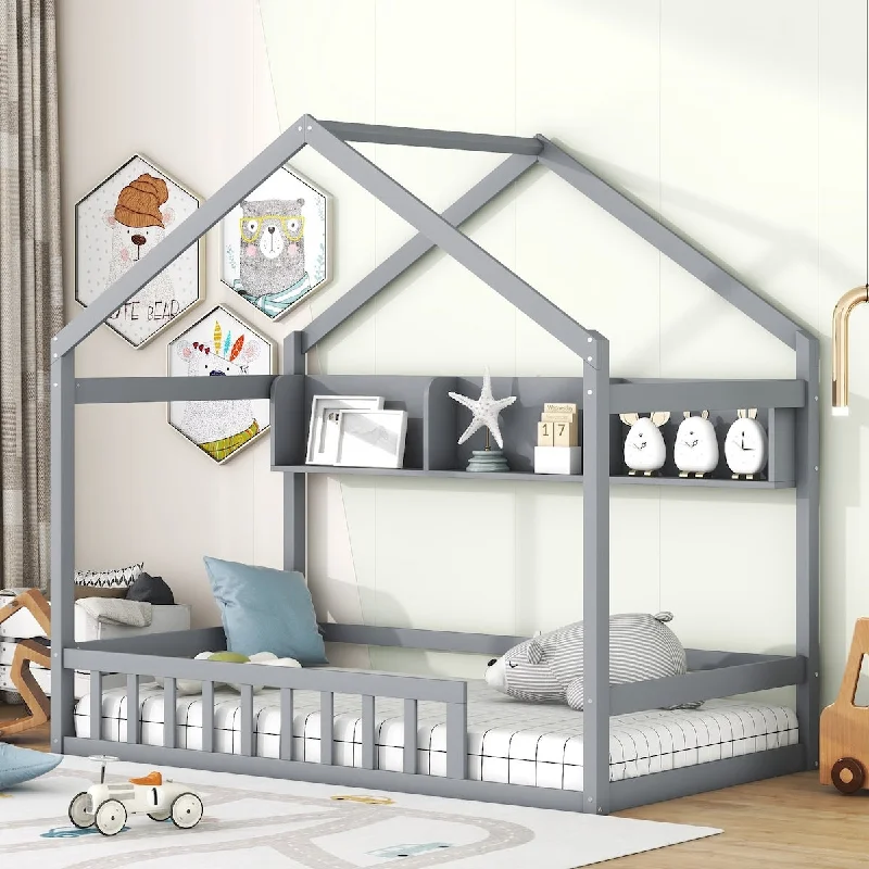 Gray Pine Wood House Bed with Roof, Fence, and Storage Shelf, Playhouse Design, Space-saving, Superior Quality, Kids Bed