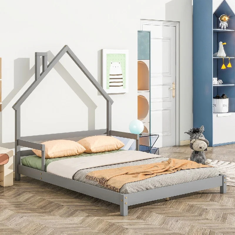 Grey Full Size House Bed with Handrails and Slats, Whimsical Design