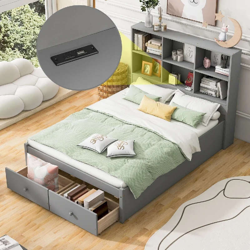 Grey Full Size Platform Bed with Storage Headboard, Charging Station, and Drawers - Sturdy Pine