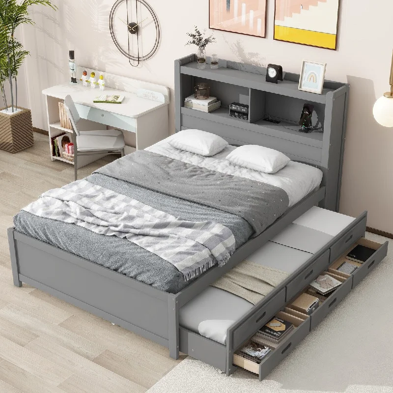 Grey Full Size Platform Bed with Trundle, Drawers, USB Plugs