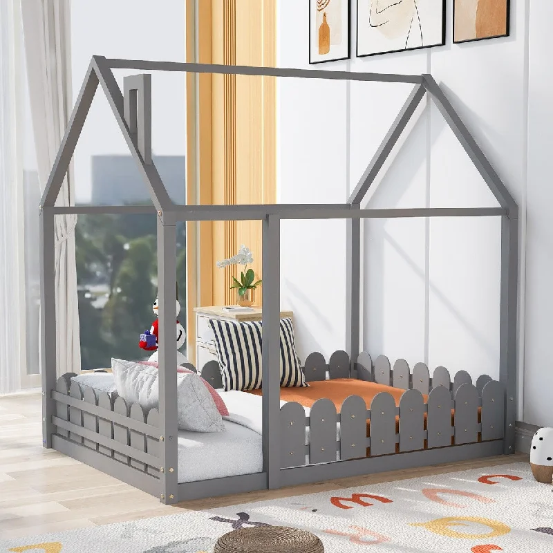 Grey Full Size Wood House Bed Frame with Fence