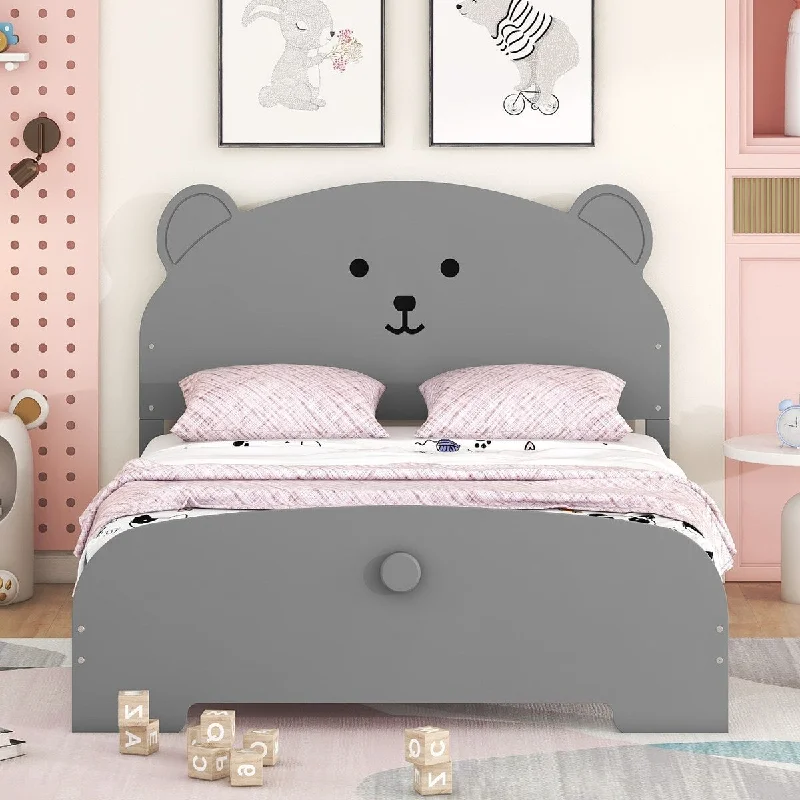 Grey Full Size Wood Platform Bed with Bear Headboard