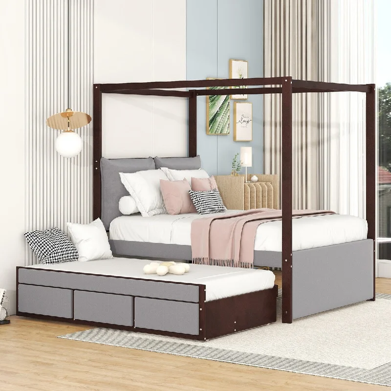 Grey Full SizeUpholstered Canopy Bed with Trundle Bed