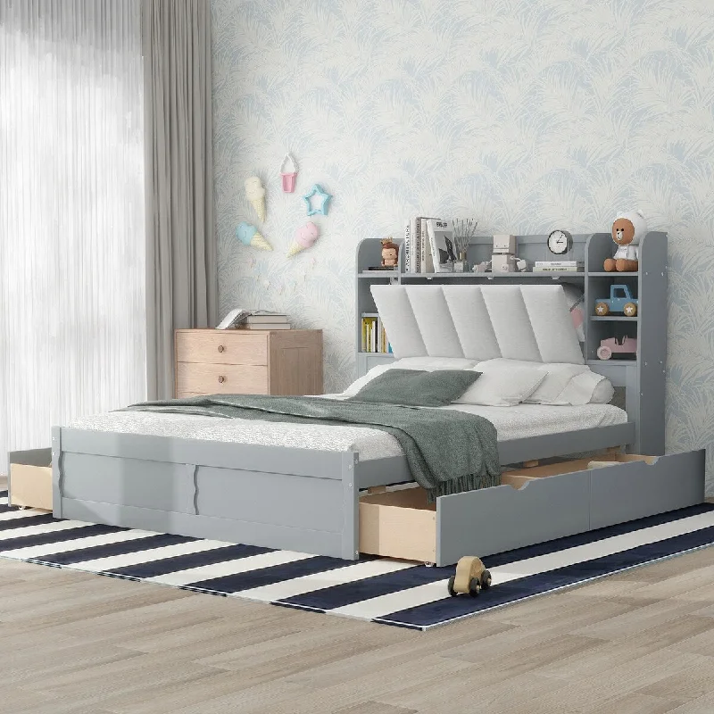 Grey Queen Size Platform Bed with Storage Headboard, Shelves, and Four Drawers - Pine Wood