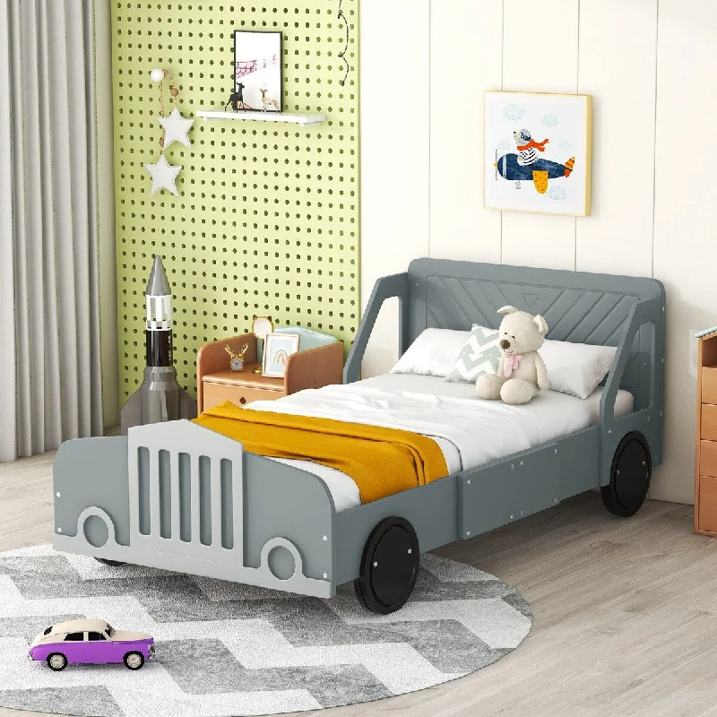 Grey Twin Size Car-Shaped Platform Bed with Rolling Wheels and Unique Headboard